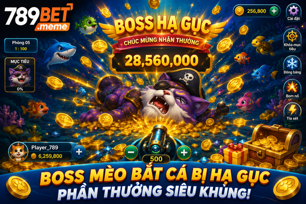 Boss Mèo Bắt Cá bị hạ gục cùng hiệu ứng xu vàng và phần thưởng xuất hiện.